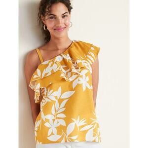 Old navy linen blend yellow floral one shoulder ruffle top size xs